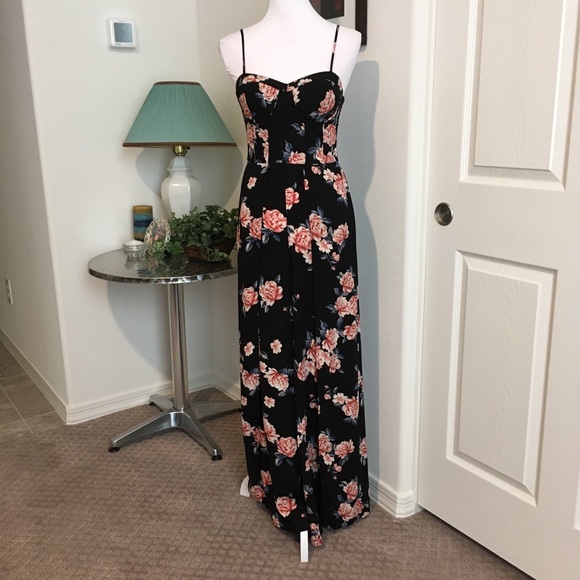 Xhilaration Pants - Xhilaration Black Floral Maxi Jumpsuit, Sz XS / S